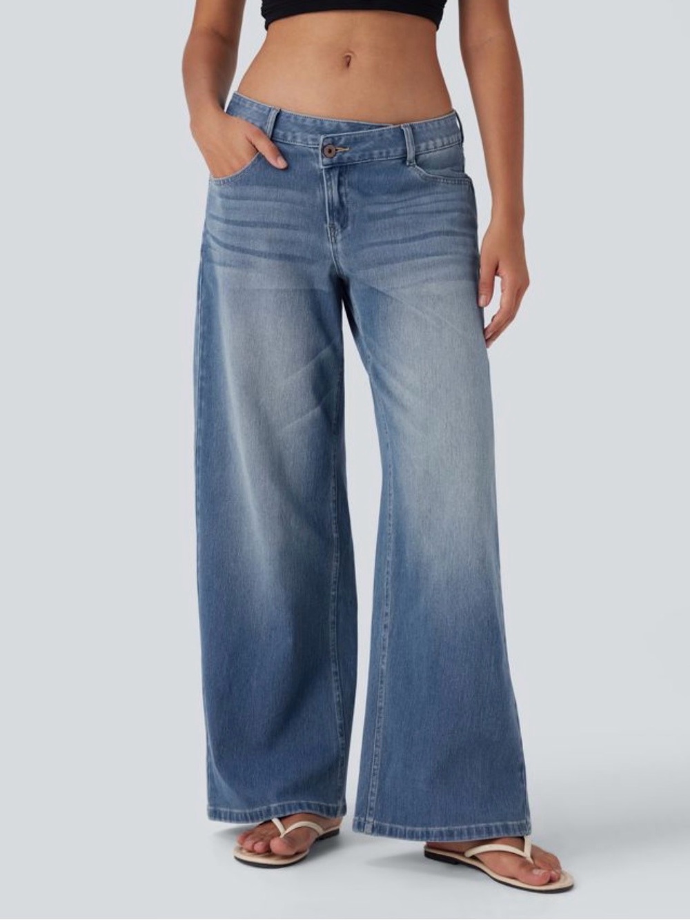 Halara Flex Asymmetric Low-Rise Baggy Wide Leg Jeans - Blue Surf Denim
